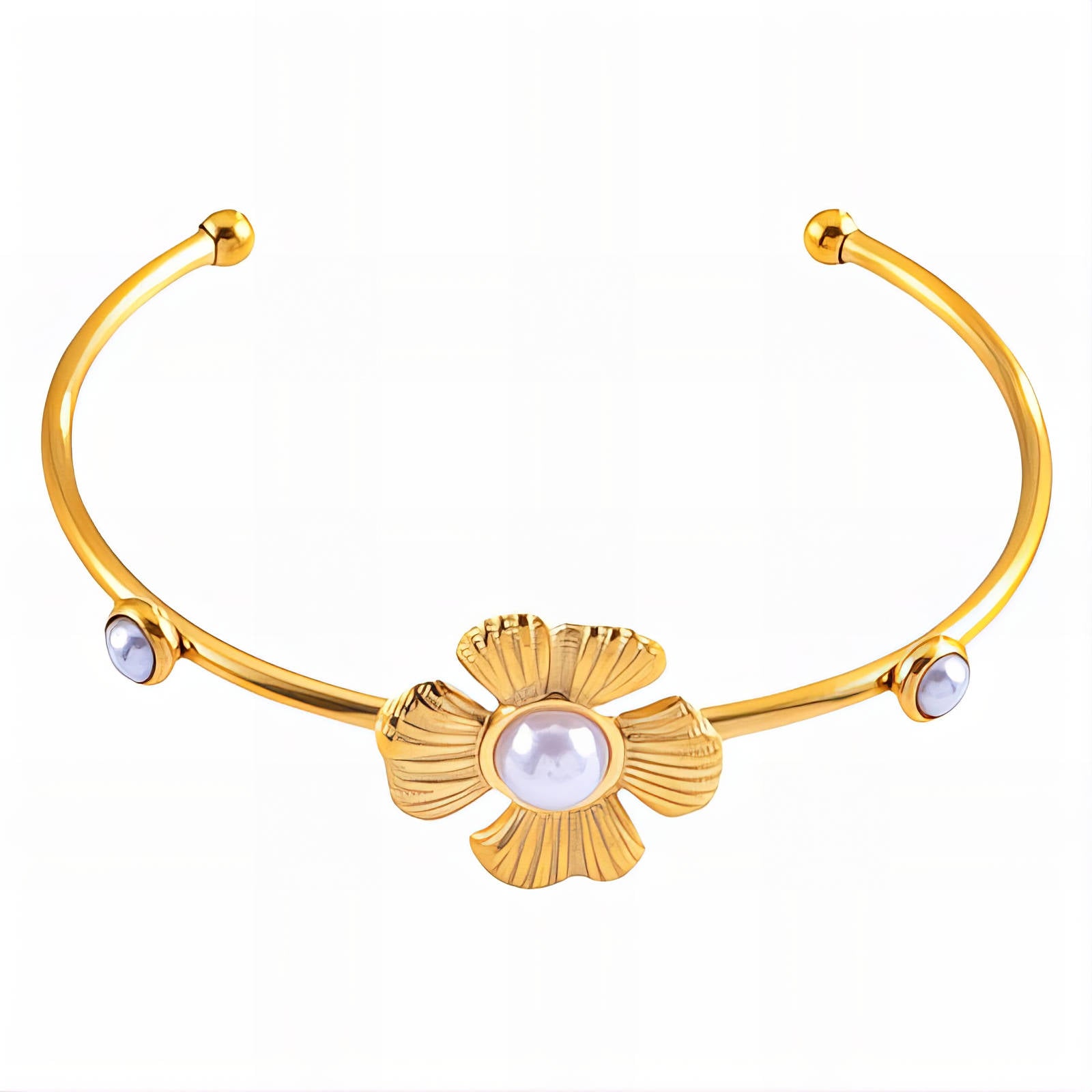 90930-0 18K gold plated flower bracelet with imitation pearls on stainless steel