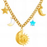 18K gold plated crescent and sun necklace on white background