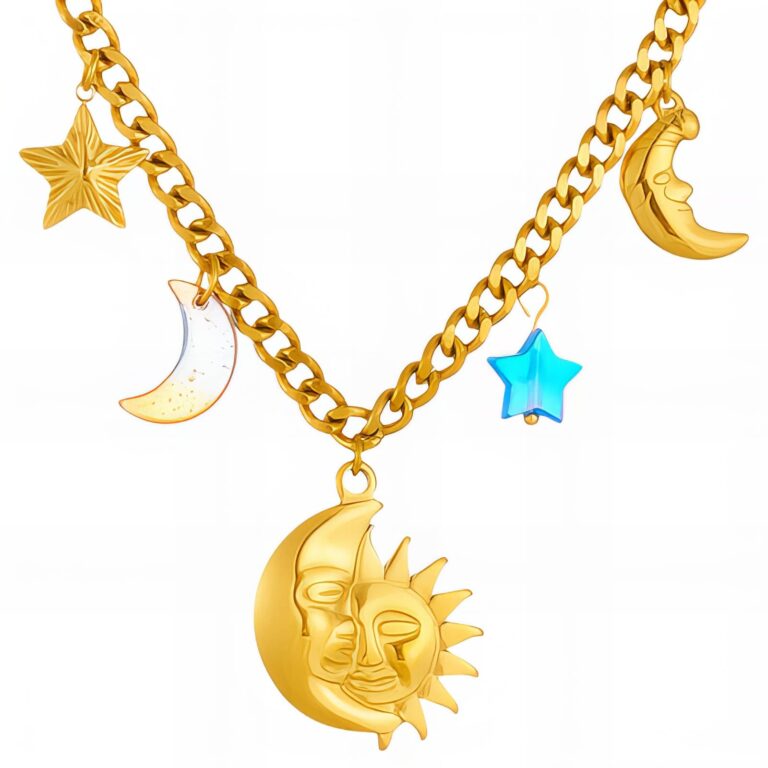 18K gold plated crescent and sun necklace on white background