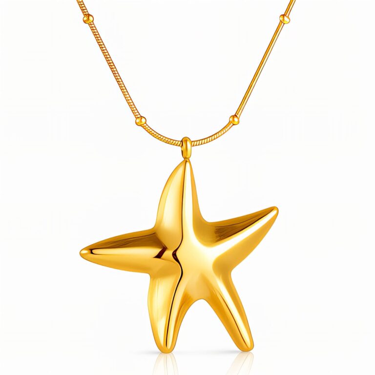 Close-up of 18K gold plated starfish necklace on stainless steel chain