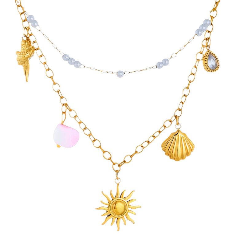 18K gold plated sun necklace with cubic zirconia pendant on white background