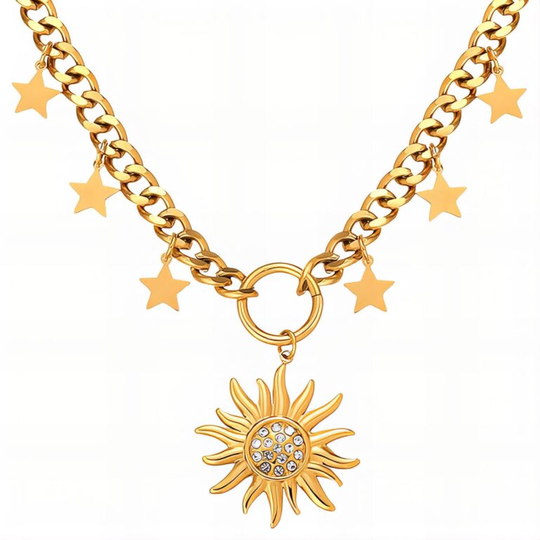 18K gold plated sun necklace front view