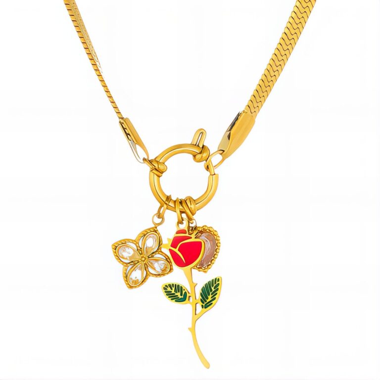 18K gold plated flowers necklace with cubic zirconia close-up