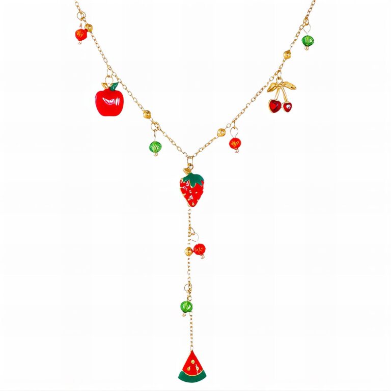 18K gold plated strawberry necklace on stainless steel chain close-up