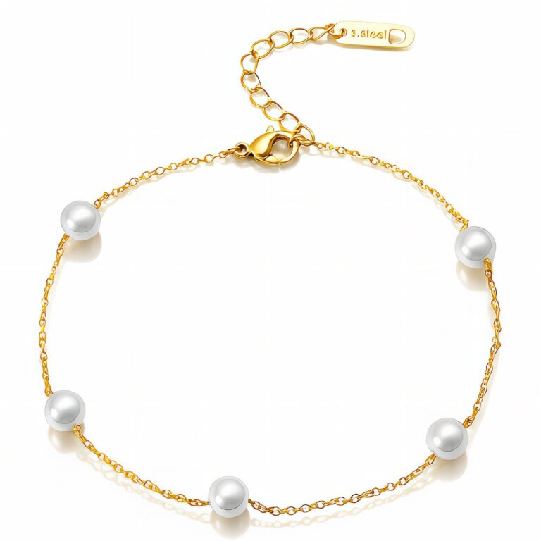 18K gold plated stainless steel anklet with pearl imitation and rhinestones