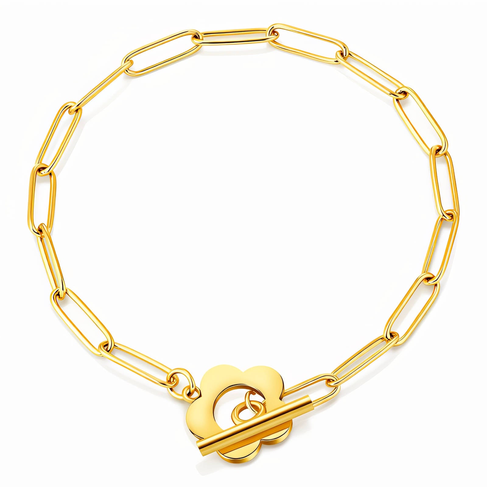 91199-0_new_115218 18K gold plated stainless steel flower bracelet on white background