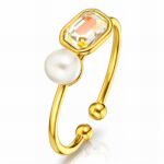 Adjustable 18K gold plated ring with imitation pearl and cubic zirconia