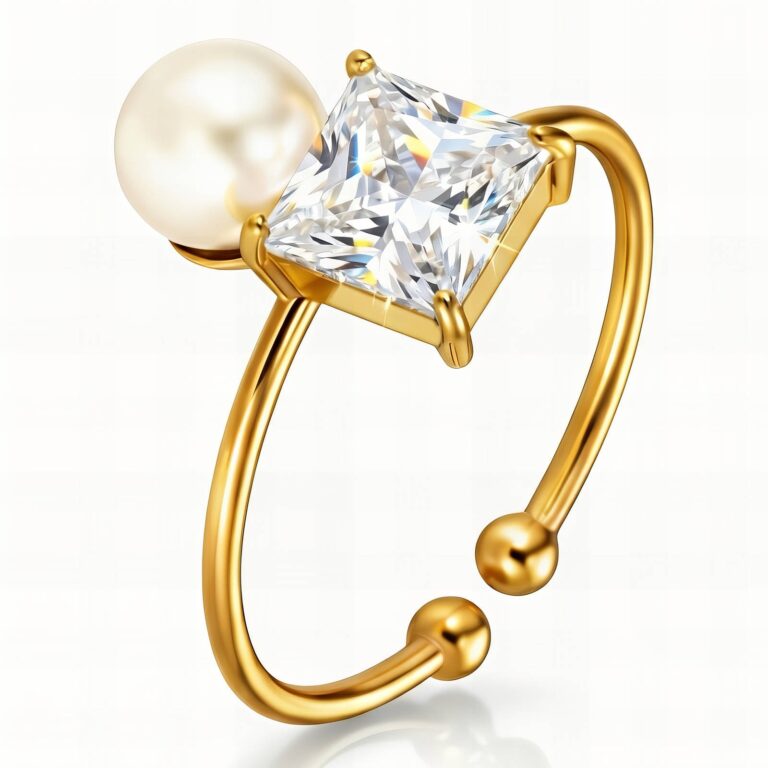Adjustable 18K gold plated stainless steel ring with pearl and cubic zirconia