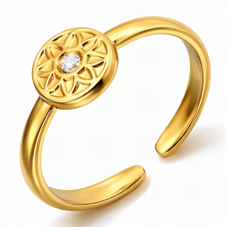 Adjustable 18K gold plated flower ring with cubic zirconia on stainless steel
