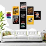 Set of 9 motivational wooden canvas frames with laminated prints on wall