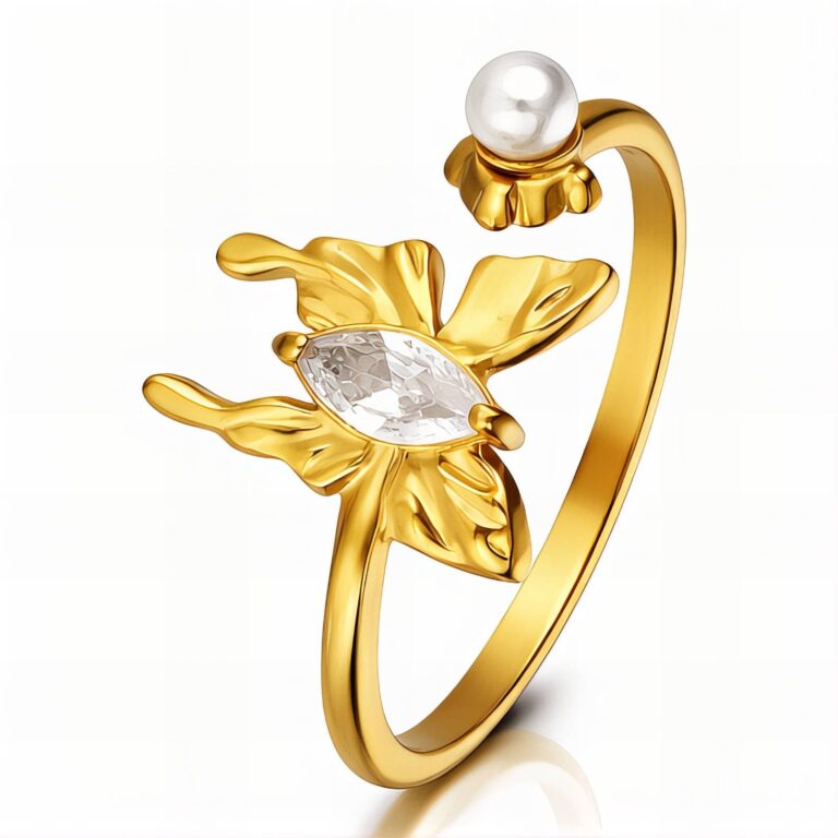 18K gold plated butterfly ring with cubic zirconia and pearl accents