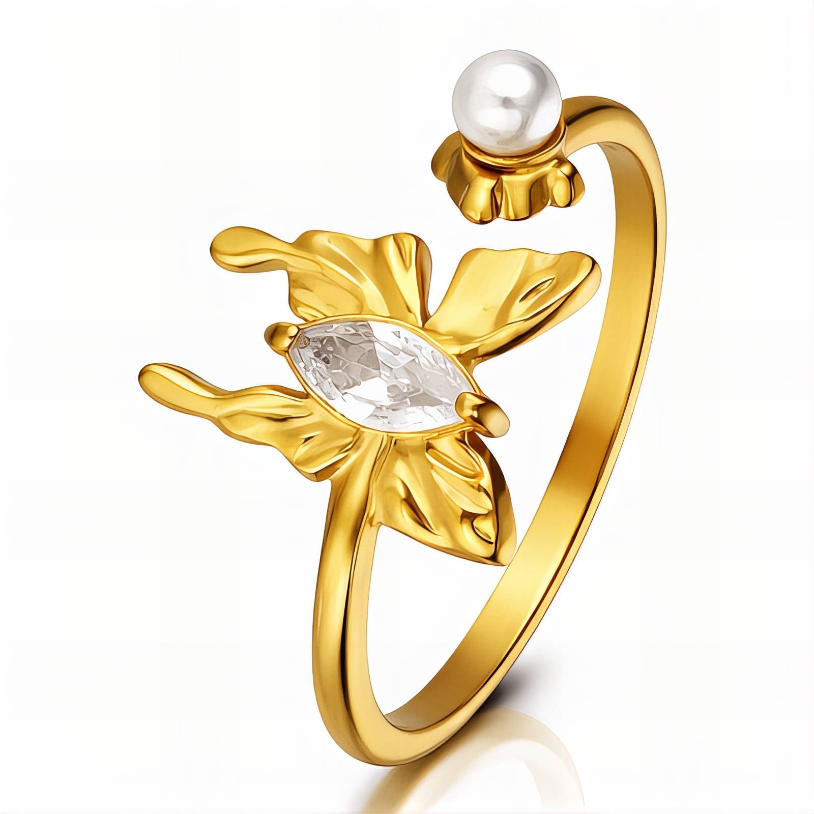 91242-0_new__2__145520 18K gold plated butterfly ring with cubic zirconia and pearl accents