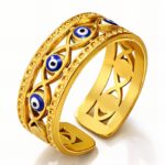 Adjustable 18K gold plated evil eye ring on white background