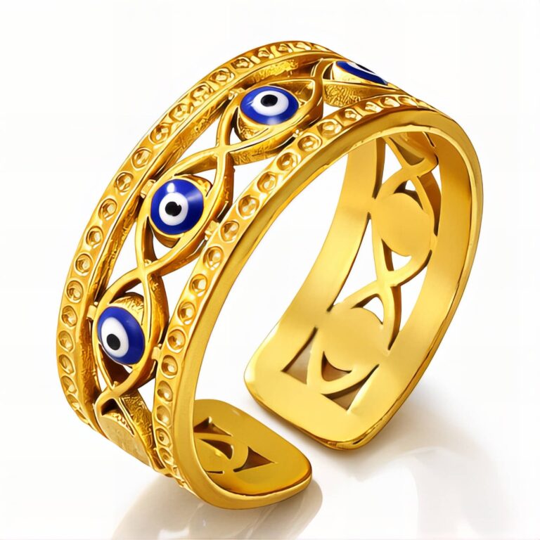 Adjustable 18K gold plated evil eye ring on white background