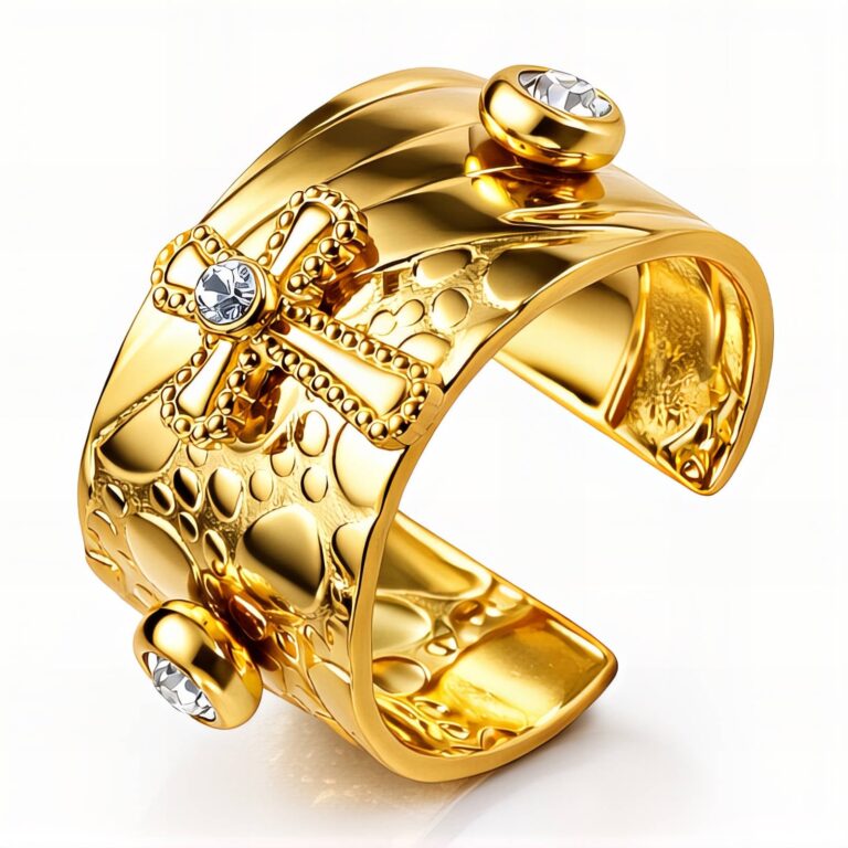 Adjustable 18K gold plated stainless steel Crosse ring with cubic zirconia