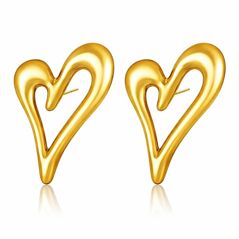 18K gold plated stainless steel heart stud earrings front view