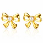 18K gold plated bow stud earrings with pearl imitation on stainless steel