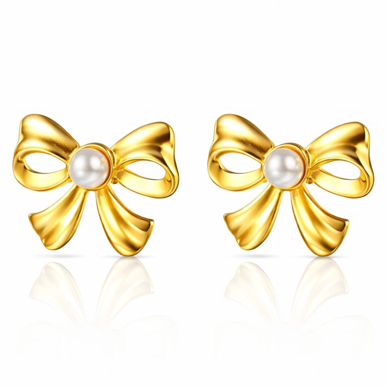 18K gold plated bow stud earrings with pearl imitation on stainless steel