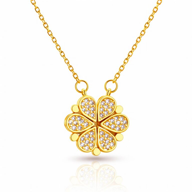 18K gold plated flower necklace with cubic zirconia pendant on white background