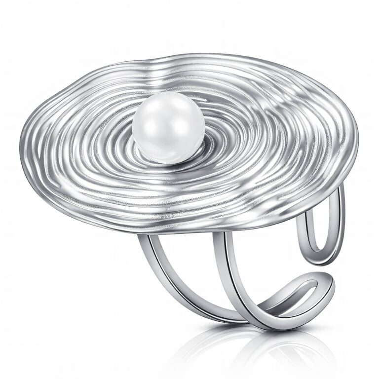 Adjustable stainless steel ring with imitation pearl on white background