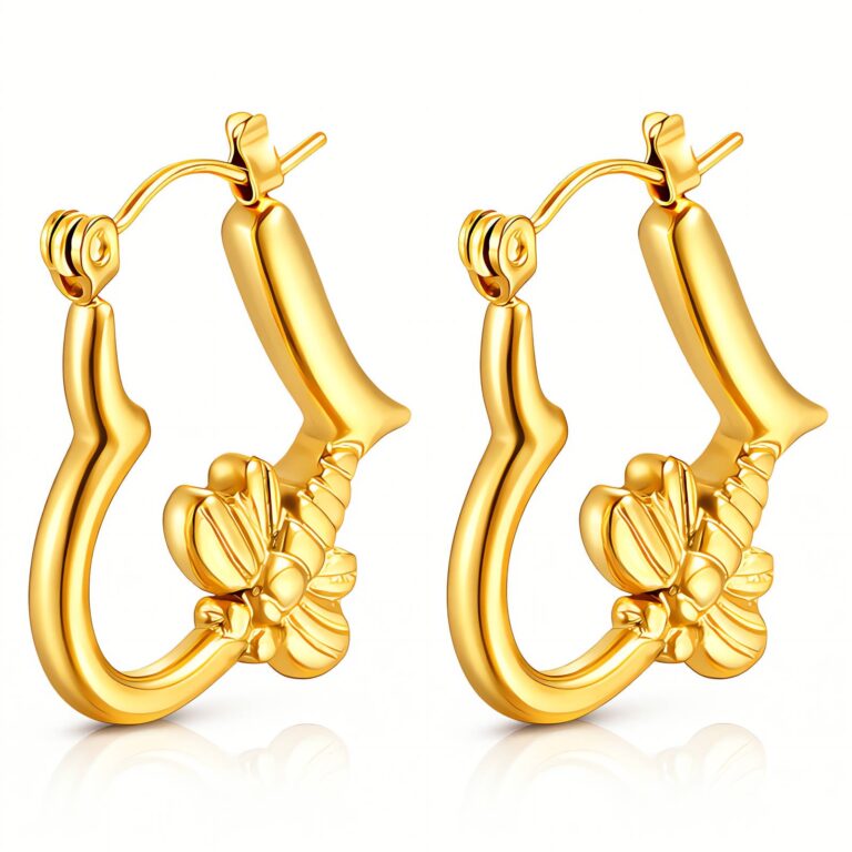 18K gold plated stainless steel bees earrings on white background