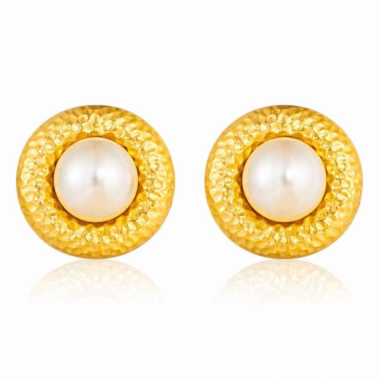 18K gold plated stainless steel pearl stud earrings on white background