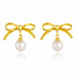 18K gold plated stainless steel bow earrings with pearl imitation on stud closure