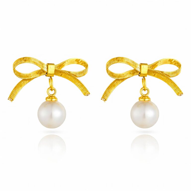 18K gold plated stainless steel bow earrings with pearl imitation on stud closure