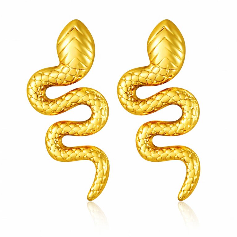 18K gold plated stainless steel snake stud earrings on white background
