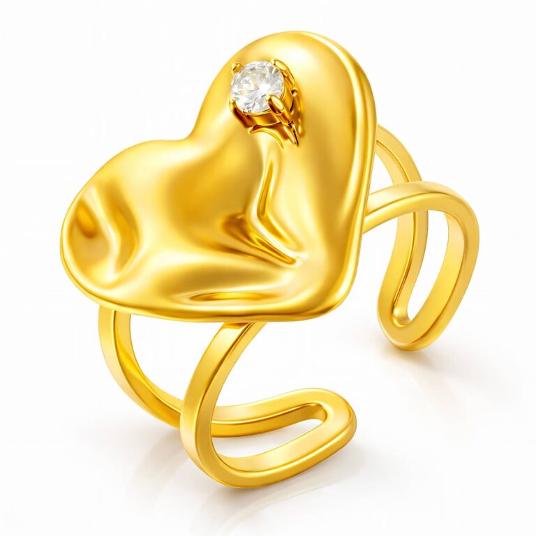 Adjustable heart ring with 18K gold plating and cubic zirconia on stainless steel
