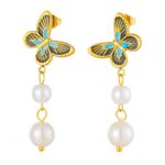 18K gold plated stainless steel butterfly earrings with pearl imitation on white background
