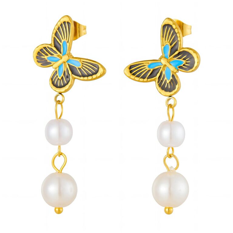 18K gold plated stainless steel butterfly earrings with pearl imitation on white background