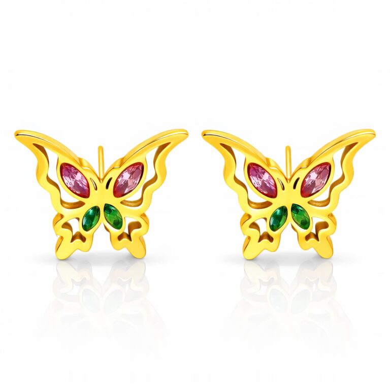 18K gold plated stainless steel butterfly stud earrings with cubic zirconia