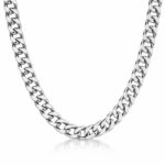 Stainless steel necklace with lobster claw clasp on white background