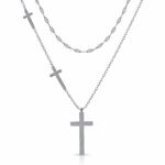 Stainless steel cross necklace with lobster claw clasp on display