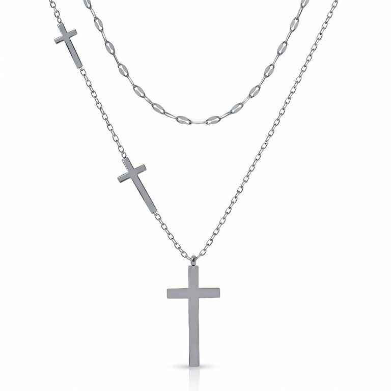 Stainless steel cross necklace with lobster claw clasp on display