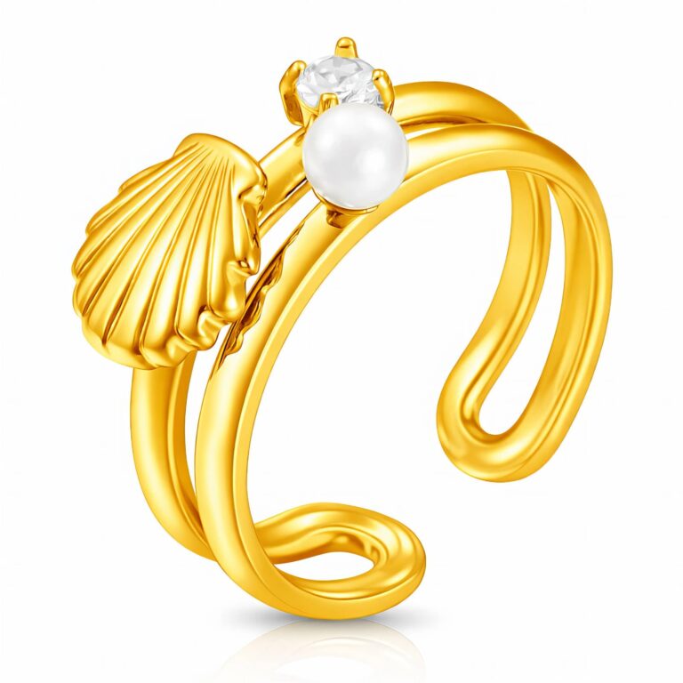 Adjustable 18K gold plated seashell ring on white background