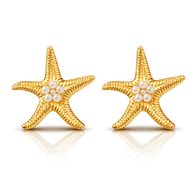 18K gold plated starfish stud earrings with pearl imitation on stainless steel