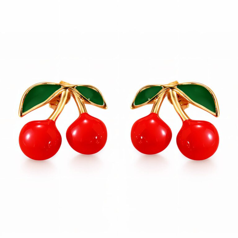 18K gold plated cherry stud earrings with enamel detail on stainless steel