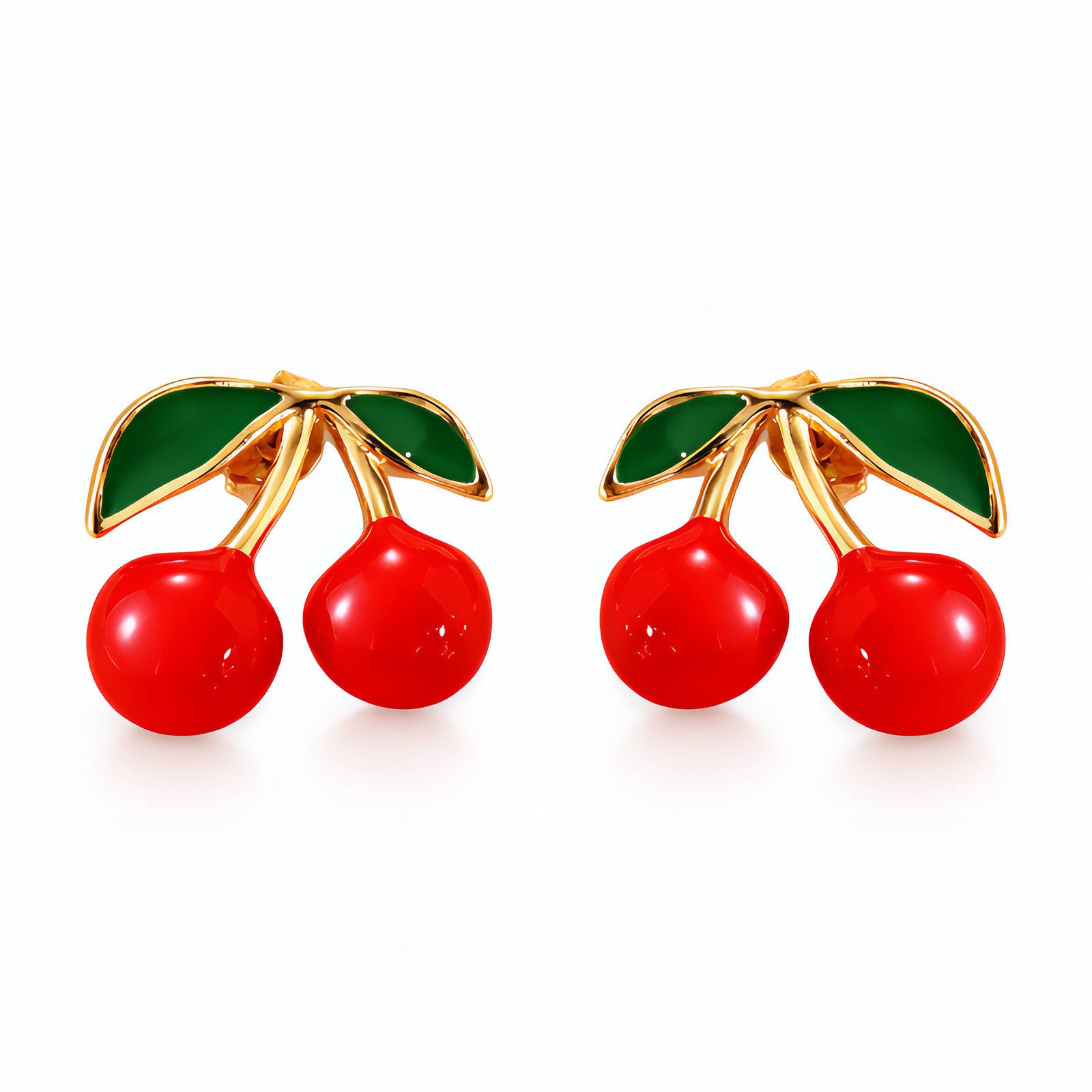 91519-0_100856 18K gold plated cherry stud earrings with enamel detail on stainless steel