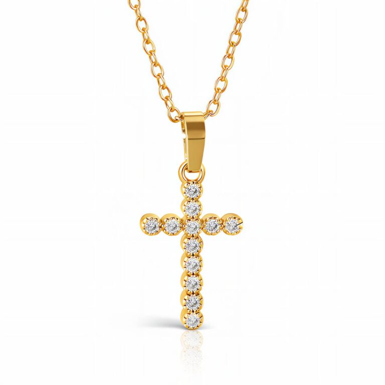 18K gold plated stainless steel cross necklace with cubic zirconia pendant on adjustable chain