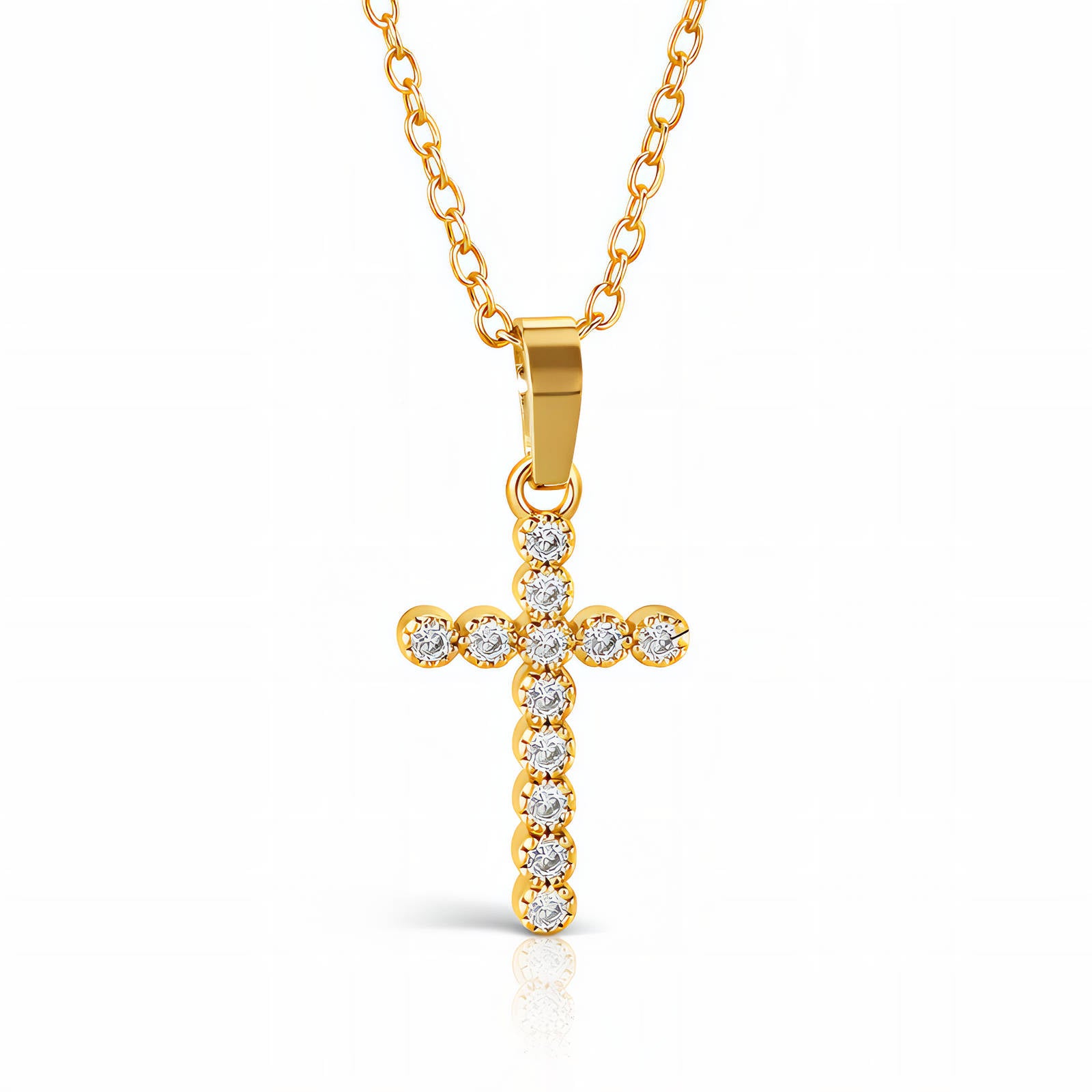 91526-0_101009 18K gold plated stainless steel cross necklace with cubic zirconia pendant on adjustable chain