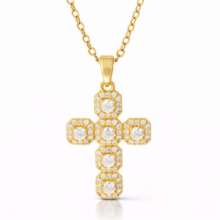 18K gold plated stainless steel cross necklace with cubic zirconia