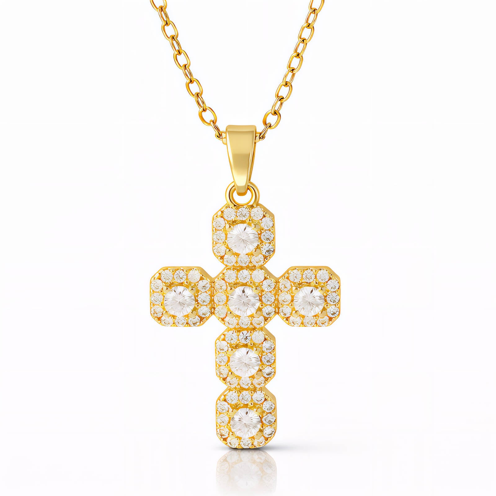 91528-0_095932 18K gold plated stainless steel cross necklace with cubic zirconia