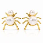 18K gold plated spider stud earrings with imitation pearls on white background