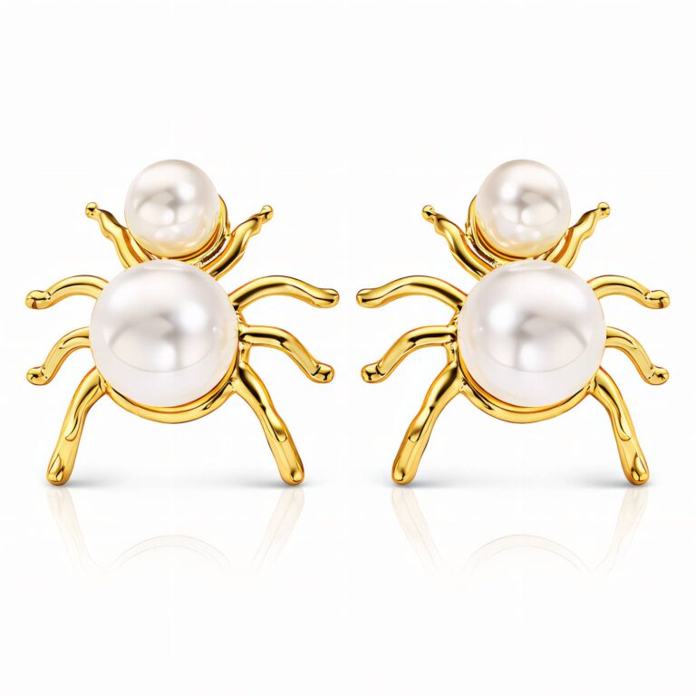 18K gold plated spider stud earrings with imitation pearls on white background