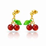 Cherrys 18K gold plated stainless steel stud earrings on white background