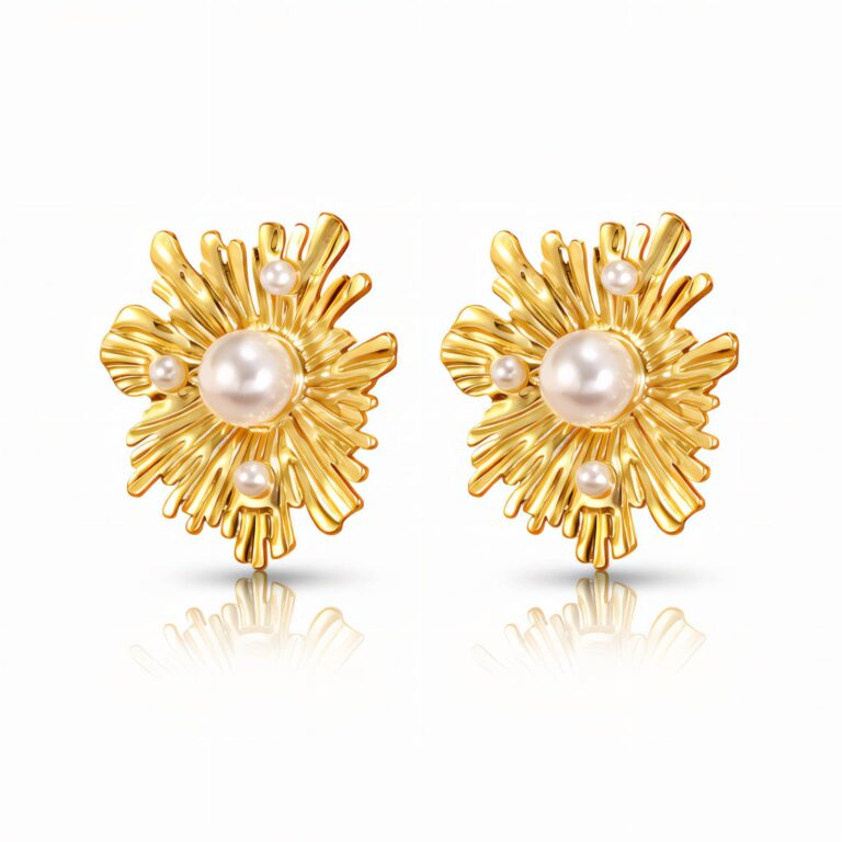 18K gold plated stainless steel flower stud earrings front view