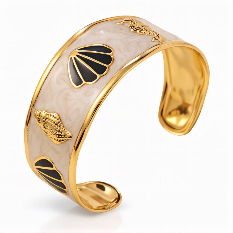 18K gold plated stainless steel seashell bracelet on white background