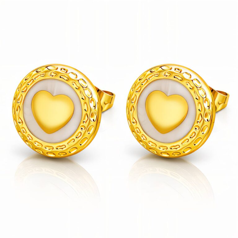 18K gold plated stainless steel heart stud earrings on white background